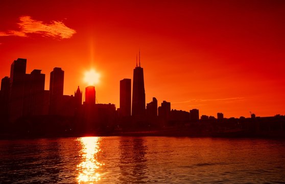 Chicago at sunset skyline, US.