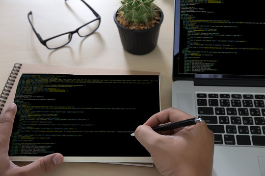 Developer Team Working Laptop Computer Mobile Application Softwareand Web Design Online Technology Content script to display
