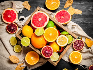 Citrus background. Fresh citrus fruit in an old box.