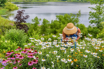 woman in sunhat picking flowers in garden with lake in background