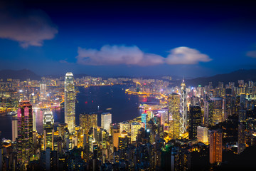 Fototapeta premium Wschód słońca w Hongkongu, widok ze szczytu, Hong Kong