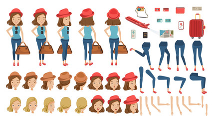 Woman travel Woman Travel creation set. animated character. at airport. Icons with different types of faces and hair style, emotions, front, rear, side view of female person. Moving arms, legs