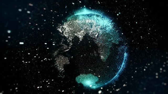 Computer generated abstract background with planet forming from glowing dots and rotating against black background