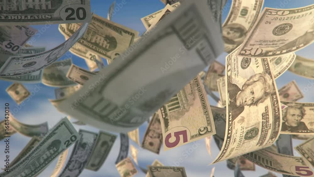 Poster digitally animated background with dollar bills falling down in slow motion