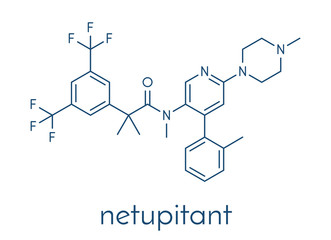 Netupitant drug molecule. NK1 receptor antagonist, used in combination for the prevention of nausea and vomiting induced by chemotherapy. Skeletal formula.