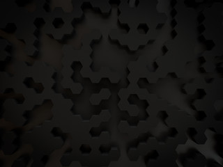 abstract 3d black background hexagon honey comb shaped small scattered for modern technology and business render.
