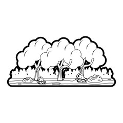 Flat line forest landscape uncolored over white background vector illustration
