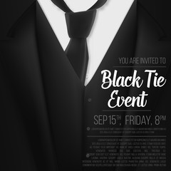Illustration of Vector Black Suit. Black Tie Event Invitation Template. Realistic Vector 3D Mens Suit with Neck Tie