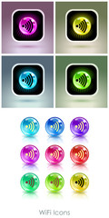 Color balls with wifi symbol app icon. Useful for wi-fi cafes, wireless internet zones, terminals, etc. Vector illustration