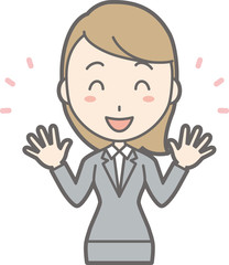 Illustration of a young woman in suit wearing her hands openly