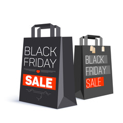 Black paper shopping bag with ad text. Black friday sale and with labels from the purchase on the bag. 3D illustration. Template for online shopping, advertising actions