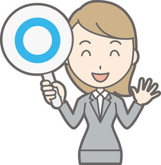Illustration of a young woman wearing a suit holding a circle tag