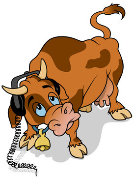 Brown Spotted Cow with Headphones On Head - Cheerful Cartoon Illustration, Vector