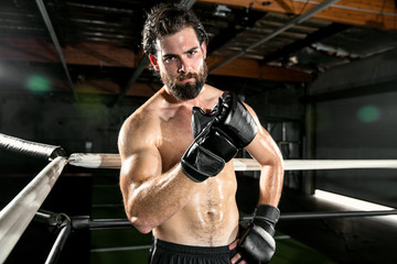 Fototapeta na wymiar Fighter poses flexing muscle and holding arm with MMA gloves on 