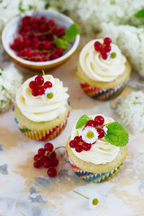 Gentle cupcake with cream and berries on a light background