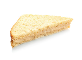 Tasty sandwich with creamy peanut butter on white background