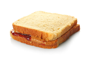 Fototapeta na wymiar Tasty peanut butter and jelly sandwich on white background