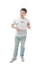 Overweight man holding weight scales on white background. Diet concept