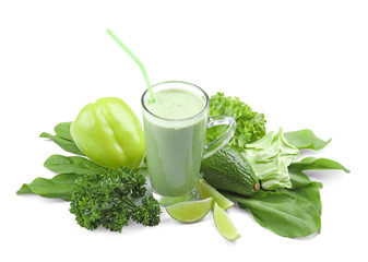 Composition with green smoothie and fresh vegetables on white background