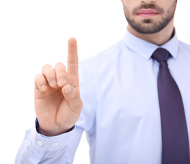 Young businessman using virtual screen, on white background