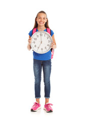 School: Smiling Girl Holding Clock Set At 7:00