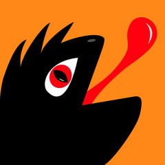 Monster reptile head silhouette with red devil eye, tongue. Cute cartoon funny character. Black color. Baby collection. Isolated. Happy Halloween card. Flat design. Orange background.