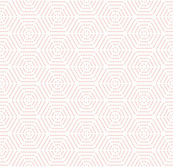 Geometric repeating pink ornament with hexagonal dotted elements. Geometric modern ornament. Seamless abstract modern pattern