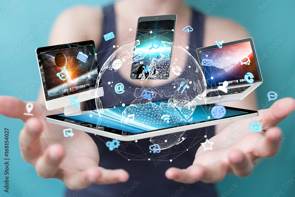 Poster tech devices connected to each other by businesswoman 3d rendering