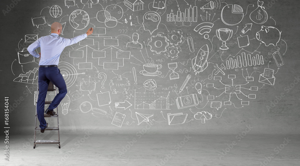 Poster businessman watching a project sketch on a wall 3d rendering