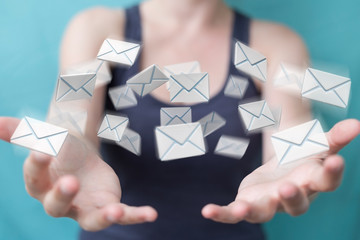 Businesswoman holding and touching 3D rendering flying email