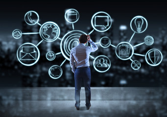 Businessman watching multimedia interface sketch on a rooftop 3D rendering