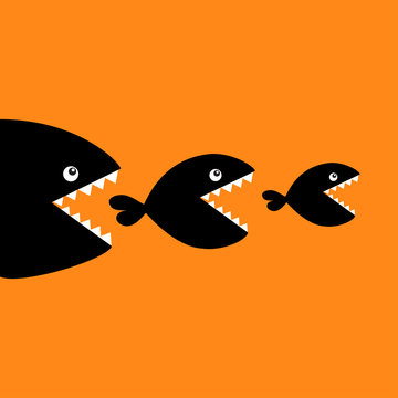 Fish Monster Eating Each Other. Three Fishes. Food Chain. Black Color Silhouette. Cute Cartoon Character Set. Baby Kids Collection. Happy Halloween. Orange Background. Isolated. Flat Design