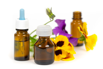 herbal oil in brown bottles for aromatherapy