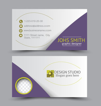 Business card design set template for company corporate style. Purple and yellow color. Vector illustration.