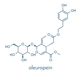 Oleuropein olive component molecule. In part responsible for pungency of virgin olive oil, may have beneficial properties. Skeletal formula.