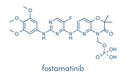 Fostamatinib rheumatoid arthritis drug molecule (Syk inhibitor). Skeletal formula.