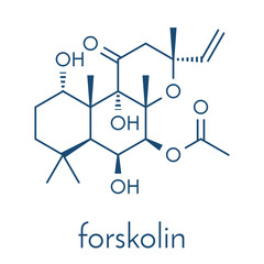 Forskolin (coleonol) molecule. Activates the enzyme adenylyl cyclase, resulting in increased levels of cAMP. Skeletal formula.