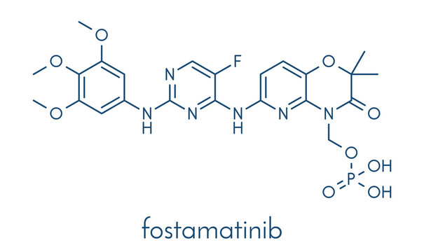 Fostamatinib rheumatoid arthritis drug molecule (Syk inhibitor). Skeletal formula.