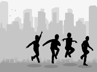  isolated, silhouette children jumping on city background