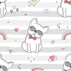 seamless pattern with Black and white vector sketch of a dog. Vector Illustration