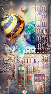 Enchanted and fairytales scenery with gothic village,castle and hot air balloons