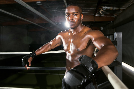 Portrait of an attractive male boxer mma fighter standing ringside, sweaty, confident
