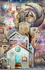 Obraz na płótnie Canvas Fairytales town with castle and moon