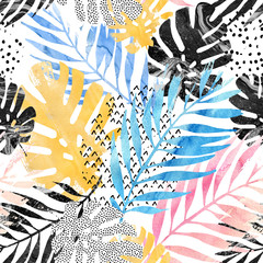 Fototapety  Ilustracja sztuki: modne tropikalne liście wypełnione akwarela grunge tekstury marmuru, doodle elementy tła.