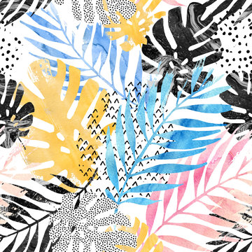Art illustration: trendy tropical leaves filled with watercolor grunge marble texture, doodle elements background.