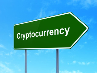 Information concept: Cryptocurrency on road sign background