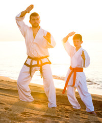 Man and boy doing karate poses