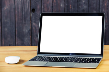 Fototapeta premium Mockup - laptop on wood board with mouse
