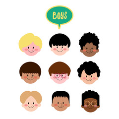 Vector Boys Face Flat Design, Collection of Different Ethnic Kids Face, Boys with different hair style