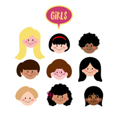 Vector Girls Face Flat Design, Collection of Different Ethnic Kids Face, Girls with different hair style
